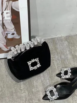 Кадифе чанта с кристали и диаманти, дамски квадратна чанта-клатч, луксозен дизайнерски клатч в чантата си за сватбеното парти