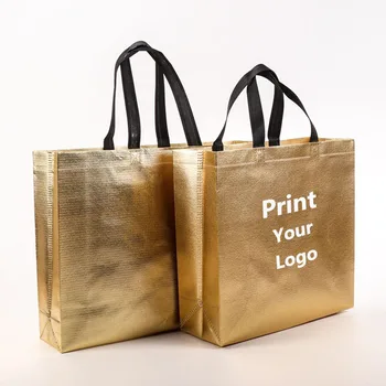 100 бр. златни нетъкан чанти, престижно чанта за пазаруване, рекламна чанта с логото на поръчка