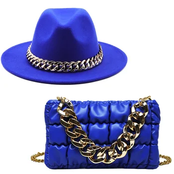 2 бр., Луксозни дамски филц шапки, набор от чанти, Мека изкуствена верига, женствена чанта през рамо за жени, дизайнерска чанта с решетки, мрежи
