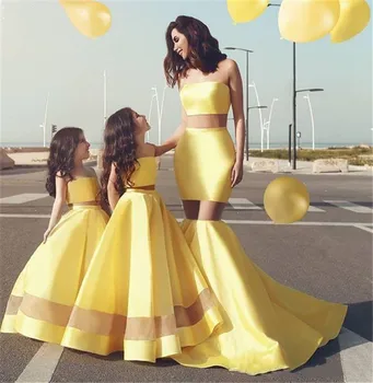 2021 Ново жълто вечерна рокля, атласное, с дължина до пода, без ръкави, без презрамки, от две части, рокли за абитуриентски бал, за майка и дъщеря, дрехи за момичета в цветенце