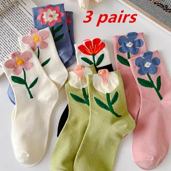 3 двойки на Женските Чорапи С Цветя Модел, Сладки Кавайные Памучни Чорапи в Японски Корейски стил Harajuku, Забавни Дишащи Пролетни Ежедневни Чорапи С Цветен Модел