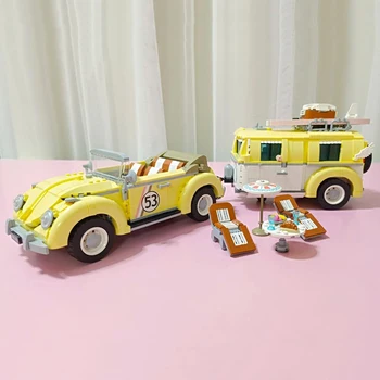 3D модел САМ Кухненски блокове, Тухли Сграда Жълт кабриолет Приморски плаж, Пикник, Почивка, Туристическа каравана за Кола Играчки за деца