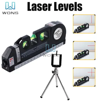 4 В 1 Многофункционален лазерен ниво на Линеен инструмент Лазерна измервателна линия Кръст 8 фута + измерване на Състав на лентата се Регулира от стандартни и метрика владетели