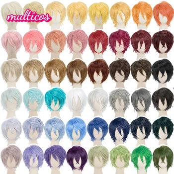 48 цвята Къси преки многослойни космати синтетични перуки, топлоустойчива перуки за cosplay в стил аниме