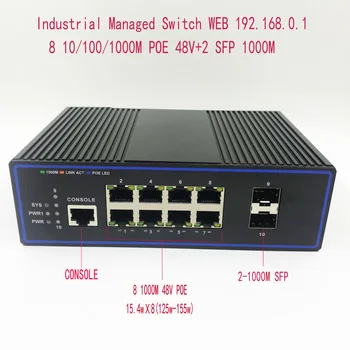 8-портов промишлен превключвател 1000 М POE комутатор 10/100/1000 М 2SFP индустриален клас мрежов комутатор VLAN 192.168.0.1 с уеб горивото