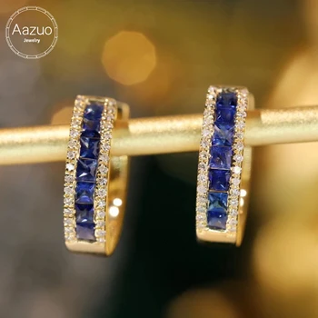 Aazuo Жълто злато 18 Карата, естествена синя сапфия, истински диаманти, класически линии, обеци-куки, подарък за жени, Годеж, сватба парти