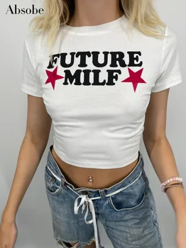 Absobe, Цветен Контрастная тениска с писмото принтом, Женска тениска Y2K, Американската Ежедневни Градинска Тънка тениска с къс ръкав, Модни Градинска облекло