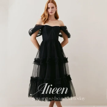 Aileen Черни Вечерни рокли с Трапецовидна форма от Тюл с Волани за жени 2023, Рокля за Бала с Дължина до Коляното, Vestidos De Graduación