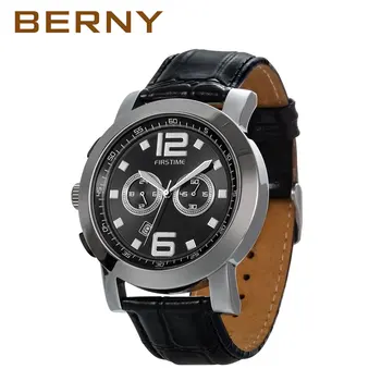 Berny 48 мм мъжки кварцови часовници, Луксозни часовници от естествена кожа за мъже от неръждаема стомана Водоустойчив мъжки часовник Relogio Masculino