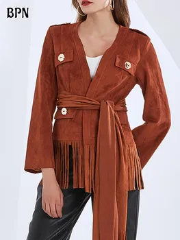 BPN якета с пискюли хем в стил мозайка за жени, V-образно деколте, дълъг ръкав, тънка яке дантела, дамска мода есен облекло