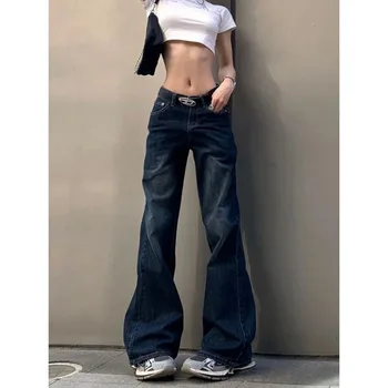 Deeptown Y2k Реколта разкроена дамски дънки Gyaru Лошите градинска облекло дънкови панталони с ниска засаждане корейски модни панталони естетиката на 2000-те години