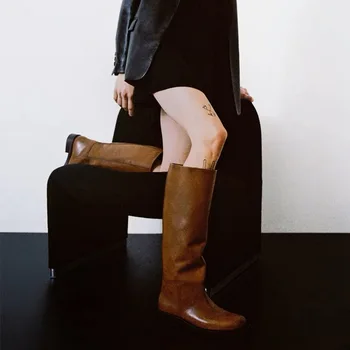 Elmsk /модни обувки по френски ретро стил за момичета, дамски кожени обувки, есен-зима, високи обувки с кръгло бомбе, рицар с дължина до коляното