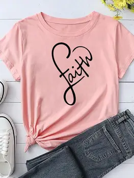 Faith Love Heart Тенденция скъпа лятна риза, дамски дрехи, с принтом, модерни ежедневни тениски с анимационни герои, тениска с графичен дизайн на тениска