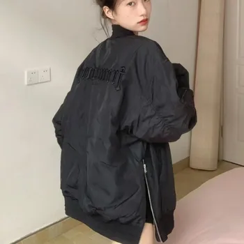 HOUZHOU Реколта черно яке-бомбер дамски готически оверсайз корейската мода градинска облекло японски якета Y2k с бродерия Ежедневни палто