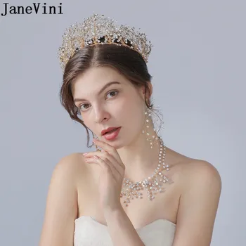 JaneVini 2021 Искрящи Кристални Сватбени Диадеми и Корони, за булки Луксозни Бродирани с Мъниста Златни Сватбени Шапки и Обици Набор от Аксесоари