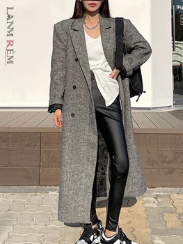 LANMREM вълна палто за жени от висок клас двубортная директен дълга облекло Офис дама 2023 Есен зима нови дрехи 2AA1296