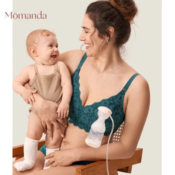 MOMANDA Hands Free сутиен за кърмене, за бременни, безжичен дантелен сутиен за кърмене с подплата от 100% памук за бременни жени A131