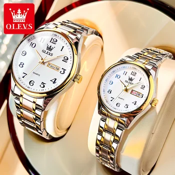 OLEVS, нови модни двойка на часовници за мъже и за жени, луксозни водоустойчив кварцов часовник от неръждаема стомана, календар на седмицата, ръчни часовници за влюбени