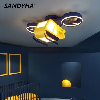 SANDYHA Cartoony Хеликоптер Дизайн Изковаване на Изкуството Вентилатор на Тавана Лампа Дистанционно Управление Лампара Techo за Детска Стая Спалня Led Светлина