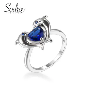 SODROV Красиви декорации с животни, пръстени с делфин и син цирконий във формата на сърце за жени