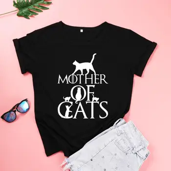 ZBBRDD Mother of Cats Тениска За Мама, Дамски Памучен Модерна Риза Kawaii, Големи Размери, Тениска с кръгло деколте и шарките на Майките, Ризи с Къс Ръкав