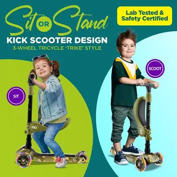 Блестящ регулируеми детски скутер 2 в 1 с откидывающимся седалка - скутер количка Sit & Stand.