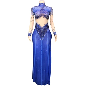 Блестящи сини кристали, дълга рокля с отворен гръб, Fpr, женското сексуално сватбена вечерна рокля, рокля за рождения ден, дрехи за една фотосесия