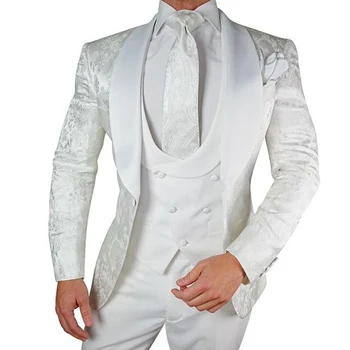Бял сватбен смокинг младоженеца с цветен модел, 3 обекта, оборудвана мъжки костюм с ревера от сатен шалове, мъжки моден костюм по поръчка, яке, жилетка, панталони