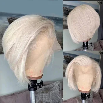 Бяло-сив кратък боб от човешка коса, перуки за жени, мед, кафява перука в стил pixie, blond, 613, дантела пред перука, HD прозрачни дантелени перуки