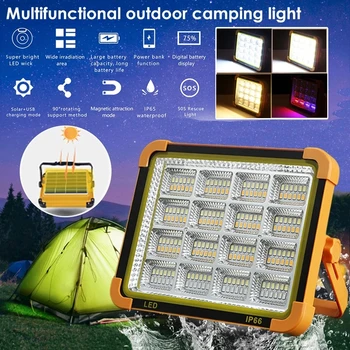 Външен слънчева светлина, водоустойчива лампа за къмпинг, слънчев led прожектор 1000 W, преносим led аварийни светлини, USB акумулаторна прожектор