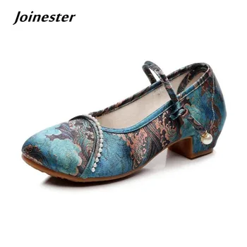 Дамски модел обувки на среден ток с бродерия и каишка на глезена Mary Jane/дамски летни есенни тъканни обувки с кръгло бомбе