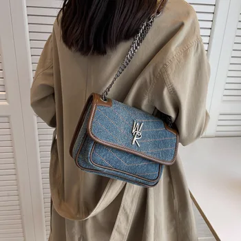 Дамски модни чанти-незабавни посланици на рамото в стил ретро, дънки холщовая чанта на верига, чанта за подмишниците, нова проста портативна универсална чанта през рамо