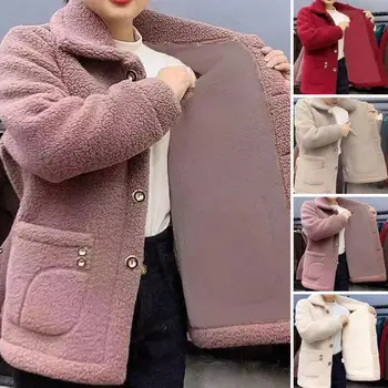Дамско зимно палто от мек дебел плюш, винтажное топло палто с ревера, морозостойкая однобортная дамско яке с дълъг ръкав на открито