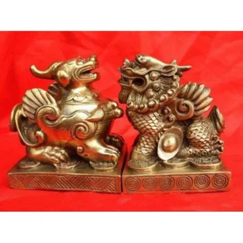 Двойка медни статуи на китай свещения бронзов дракон Pixiu 3,6