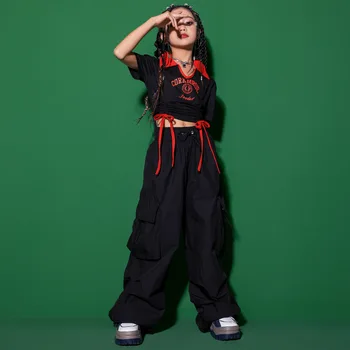 Детски облекла в стил хип-хоп, черно съкратен отгоре с V-образно деколте, риза с рюшами, червени ежедневни панталони-карго с широки джобове за момичета, дрехи за джаз танци
