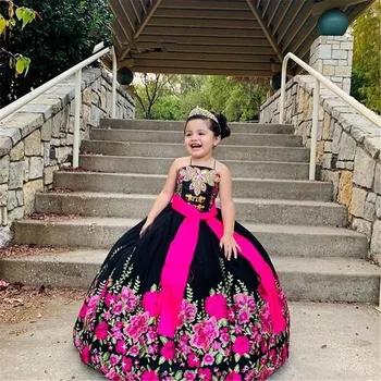 Детски рокли с бродерии и аппликацией, мини-буйни рокли на принцеси, черно празнична рокля с цветя модел за момичета, рокли за парти за рожден ден, мексикански шарро