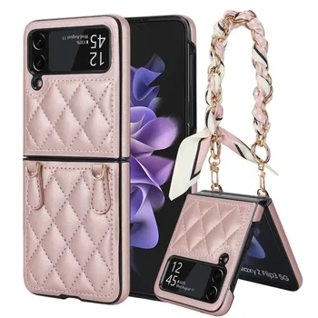 Дизайнерска чанта Калъф за мобилен телефон Samsung Z Flip 3 4 5 калъф с веригата за шал клетчатая кожена обвивка за Z Flip 3 Flip 4 Flip калъф 5