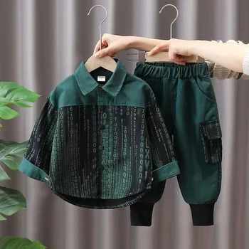 Дрехи за момчета, пролетно-есенен костюм от 1 до 10 години, една нова корейска детска риза с ревери и дълъг ръкав + панталони с джобове, персонализирани детски облекла