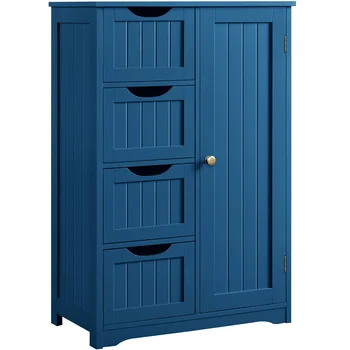 Дървен шкаф за съхранение с 4 чекмеджета за баня и кухня, тъмно син