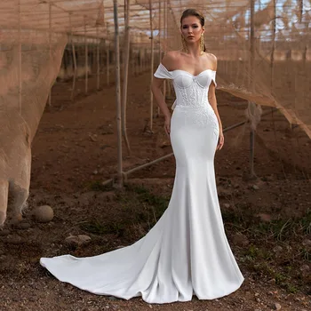 Елегантни сватбени рокли стил Русалка, бели дамски 2023, лейси апликация с открити рамене, атласное сватбена рокля Vestidos De Новия