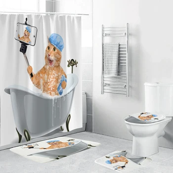 Завеса за душ със забавна котка, комплект за баня от 4 теми, carpeted floor, капака на тоалетната чиния, подложка за баня, водоустойчив здрав плат за домашен декор