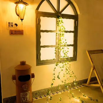 Изкуствени led гирлянди от ратан с зелени листа, акумулаторна лоза, коледна гирлянда, страхотна растителен лампа, декорация за градината на открито, балкон