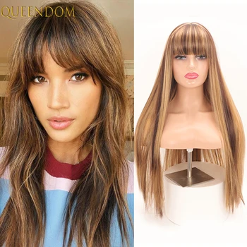 Кестен и светла перука с бретон, 30 инча, натурални директни златни перуки за жени, изкуствени коса от синтетични влакна Parrucca Donna