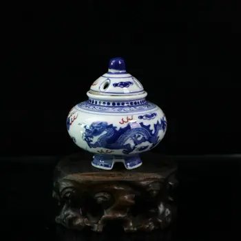 Китайски старинен порцелан синьо-бялата глазура в курильнице тамян red dragon