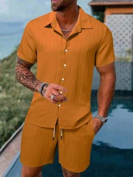 Класически комплекти от две части, мъжки ежедневни ризи и шорти с ревери копчета, с къс ръкав, костюми в плажен стил, мъжки дрехи, нови летни тоалети