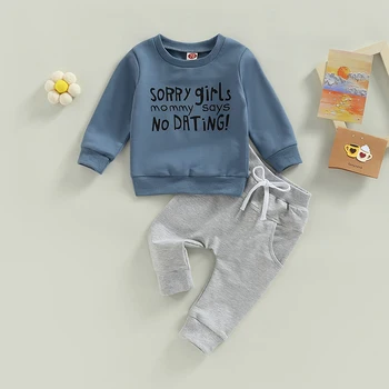 Комплект от 2 теми за деца, есен облекло, пуловер с дълги ръкави и писмото принтом, комплект панталон с джобове