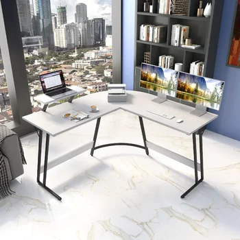 Компютърна маса Vineego L-образна форма, модерен ъглово бюро с малка масичка, бяло офис бюро, игри на маса