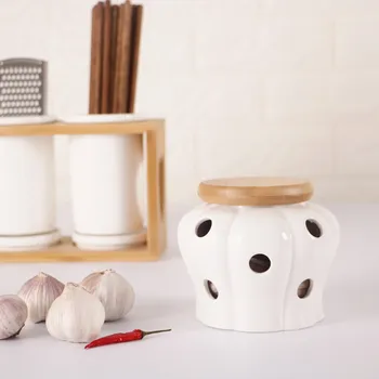 Креативен керамични чеснокодержатель с дървен капак, стойка за чесън, контейнер за съхранение, чеснокодержатель за кухненски плот