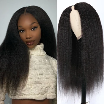 Къдрава пряка човешка коса, с V-образна част, перуки на заколках, косата яки, не оставяйки следи, готови за употреба, бесклеевой перука за чернокожите жени в продажба