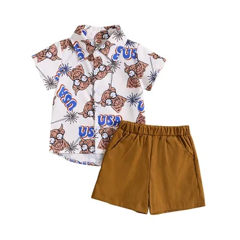 Летни дрехи за деца и момчета, риза с къс ръкав и копчета, с принтом във формата на главата на вола и ластични панталони, комплект дрехи